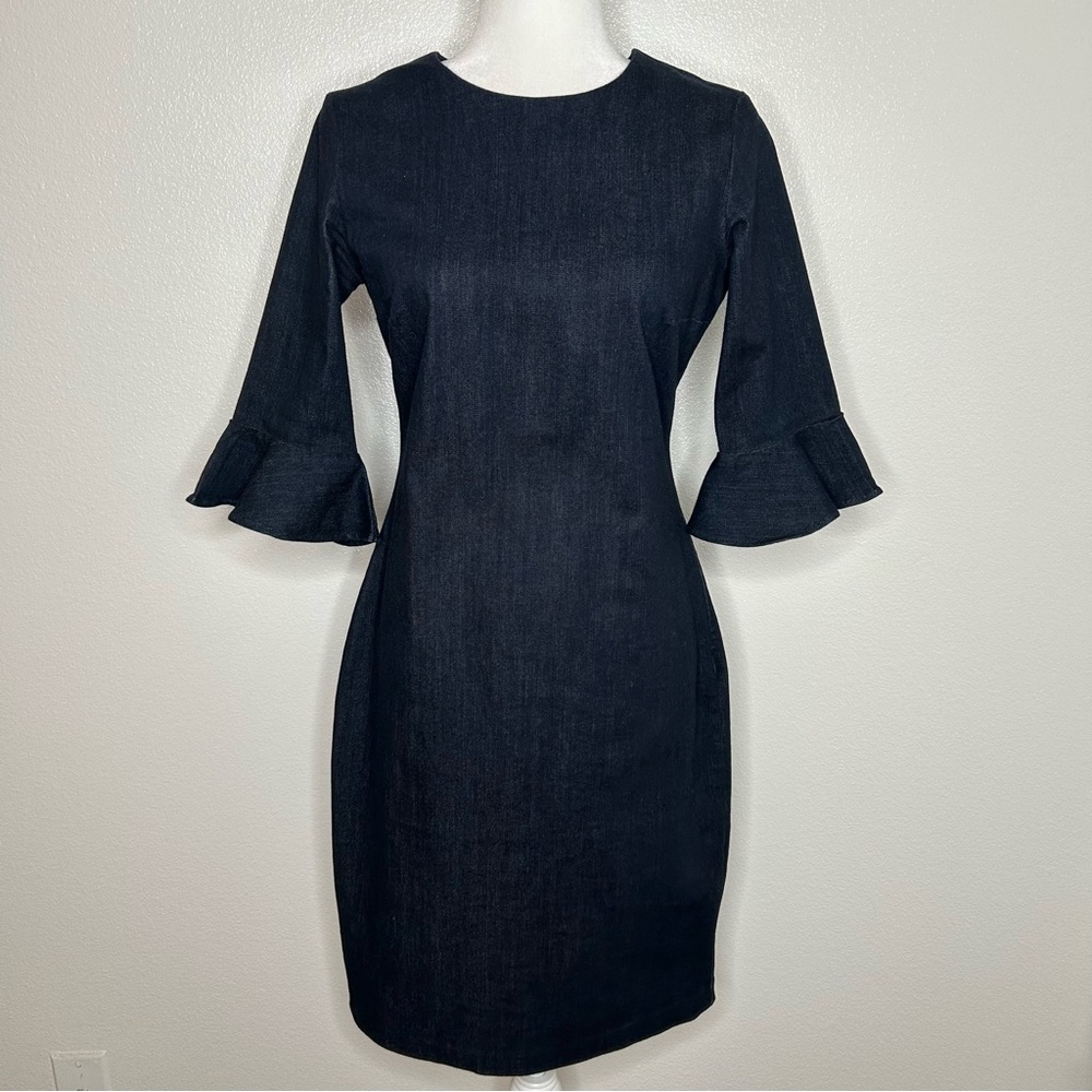Banana Republic Womens Blue Denim Stretch Sheath Dress Ruffle Sleeve Size 6 EUC
